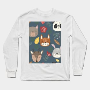 Woodland animals kids pattern navy blue background Long Sleeve T-Shirt